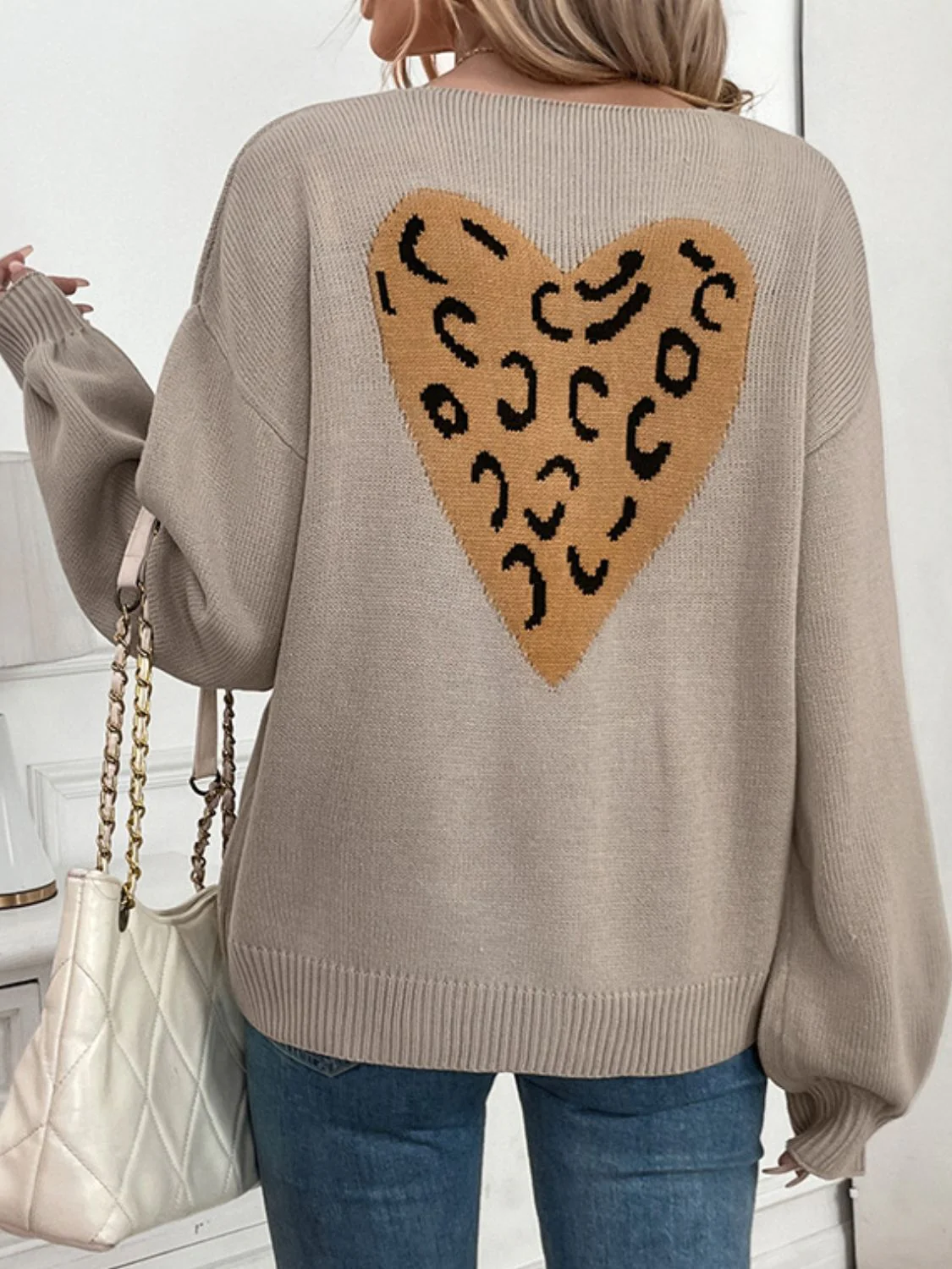 Perfee Tied Contrast Heart V-Neck Long Sleeve Cardigan - Image 2