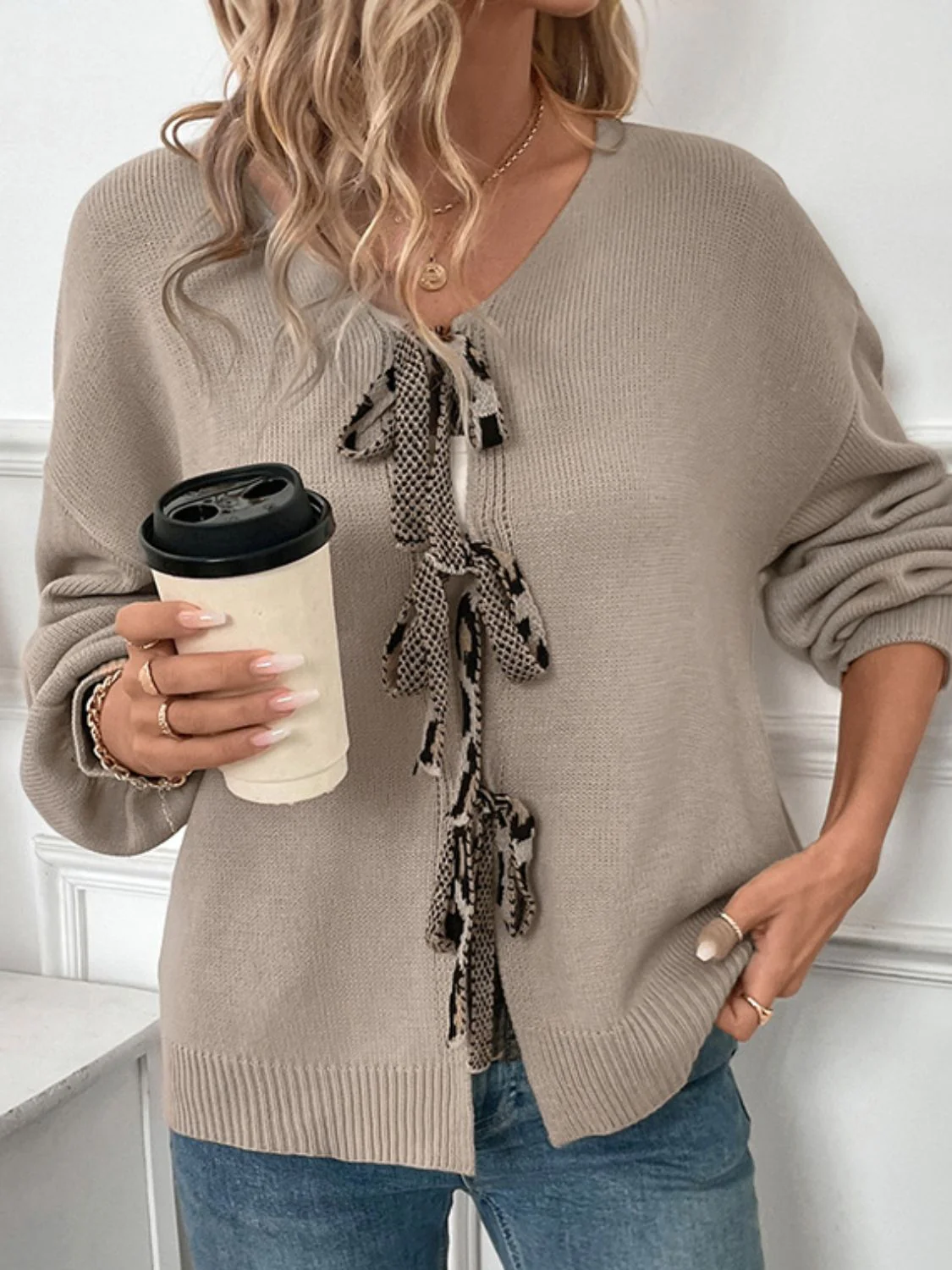 Perfee Tied Contrast Heart V-Neck Long Sleeve Cardigan - Image 5
