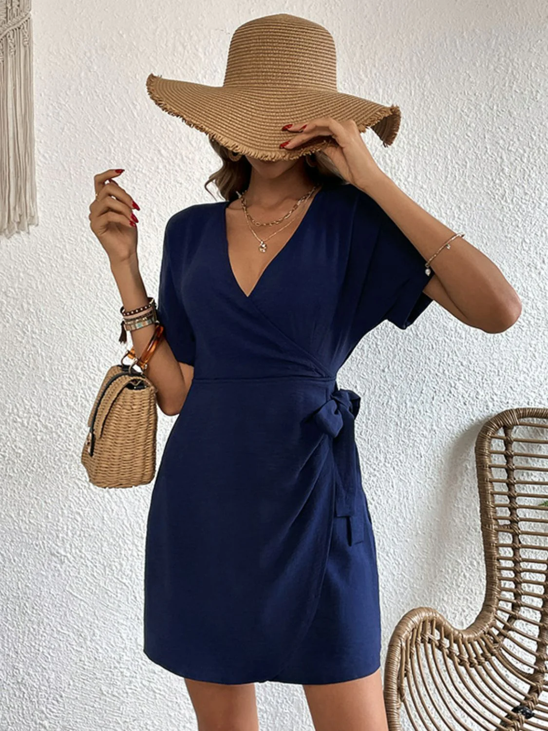 Perfee Tied Cuffed Sleeve Surplice Dress - Image 3