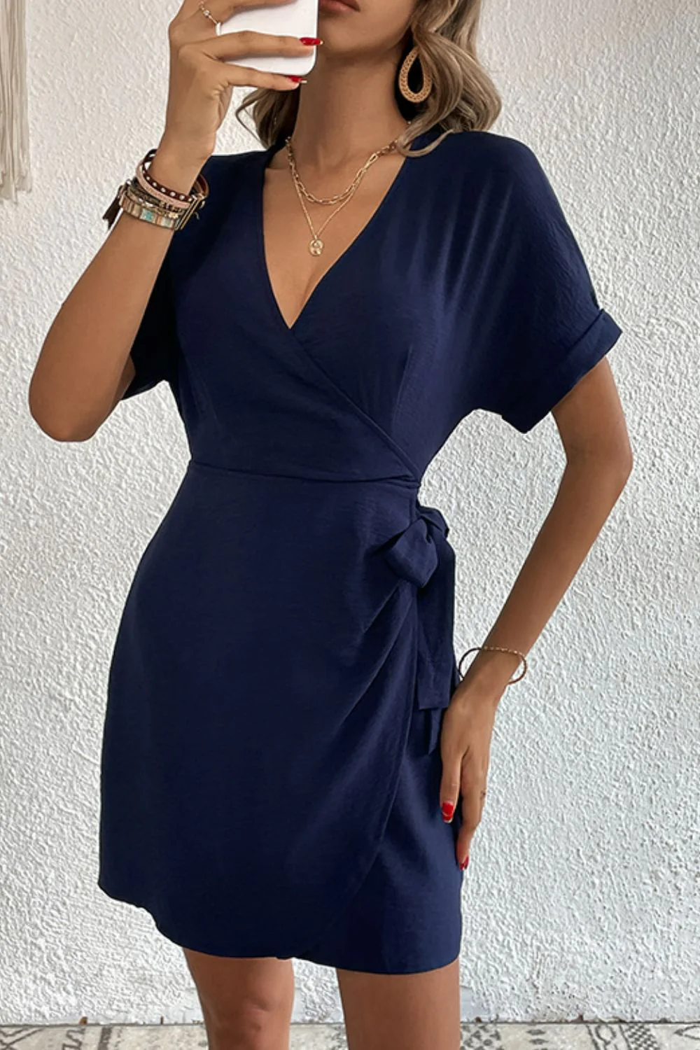 Perfee Tied Cuffed Sleeve Surplice Dress - Image 4