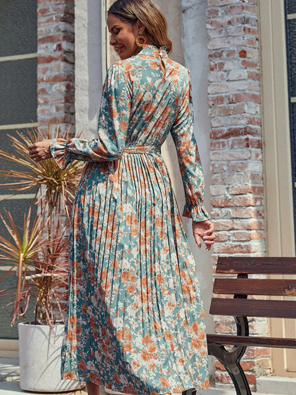 Perfee Tied Pleated Printed Mock Neck Long Sleeve Dress - Image 2