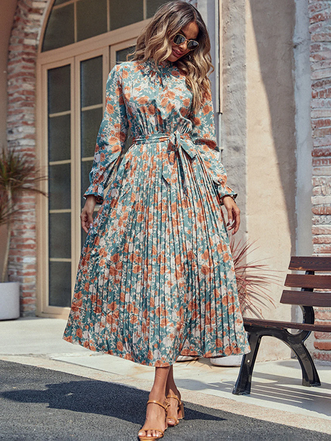 Perfee Tied Pleated Printed Mock Neck Long Sleeve Dress - Image 3