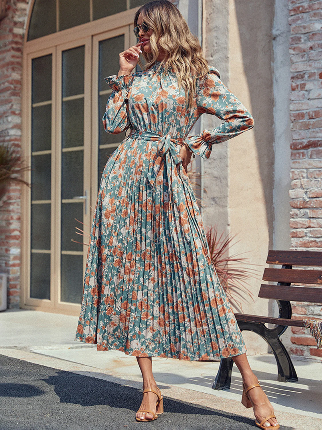 Perfee Tied Pleated Printed Mock Neck Long Sleeve Dress - Image 4