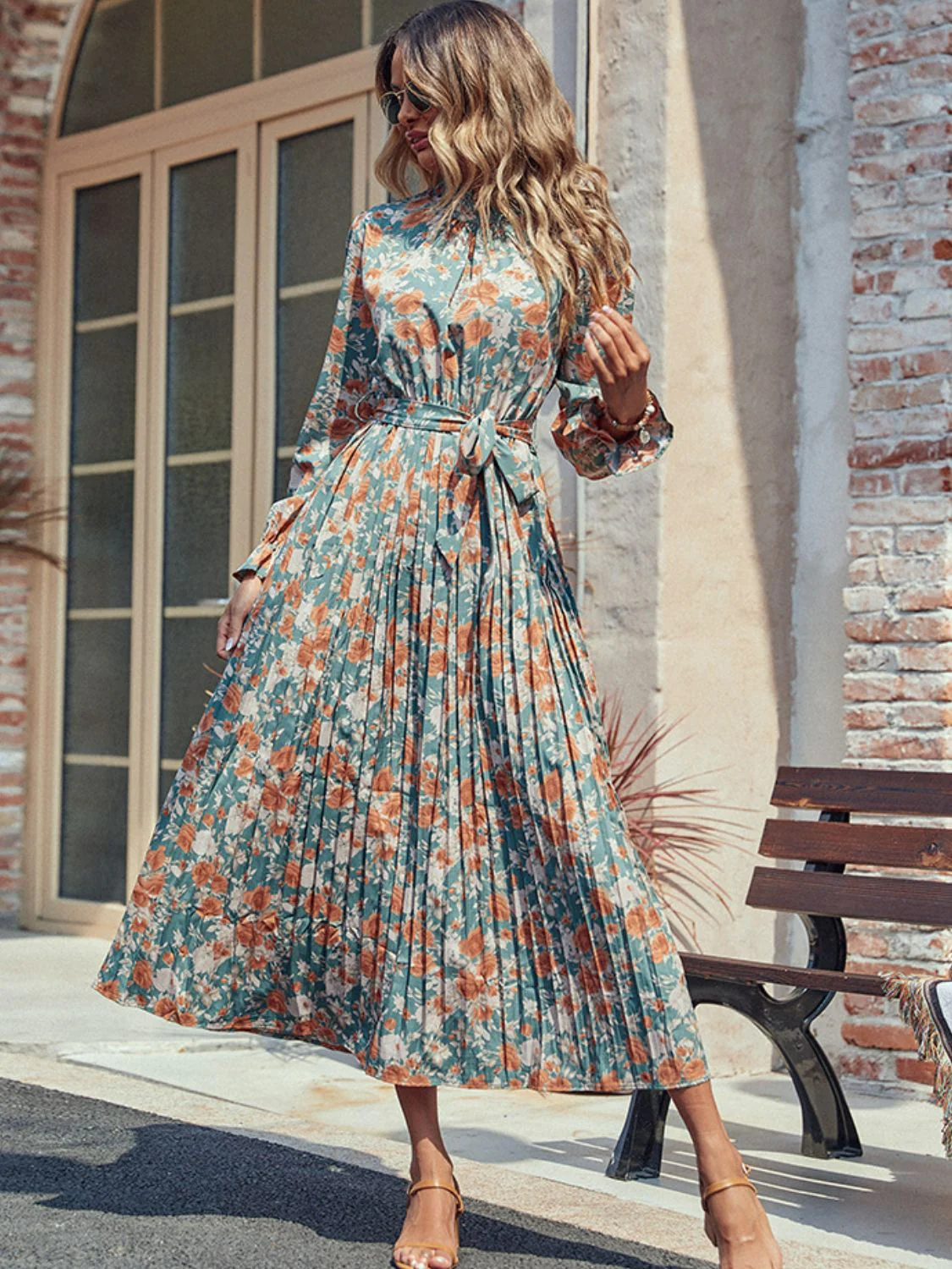 Perfee Tied Pleated Printed Mock Neck Long Sleeve Dress - Image 5