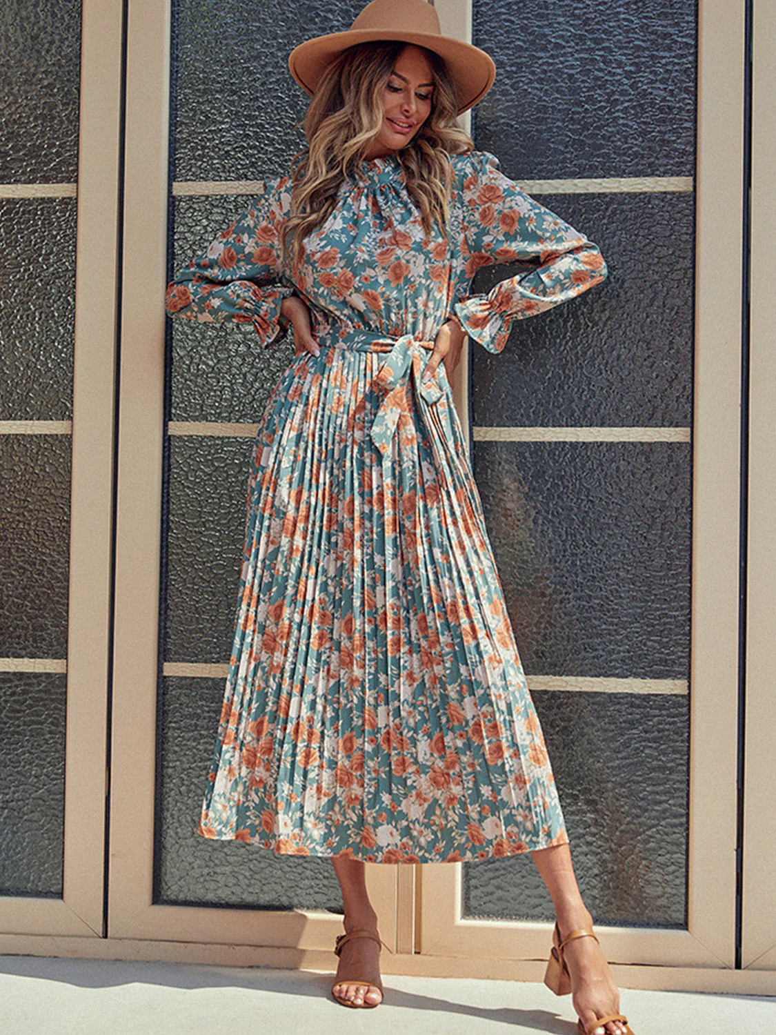 Perfee Tied Pleated Printed Mock Neck Long Sleeve Dress - Image 6