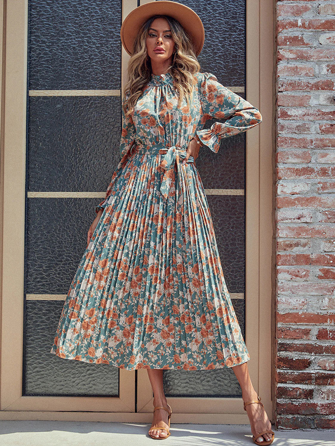 Perfee Tied Pleated Printed Mock Neck Long Sleeve Dress - Image 7