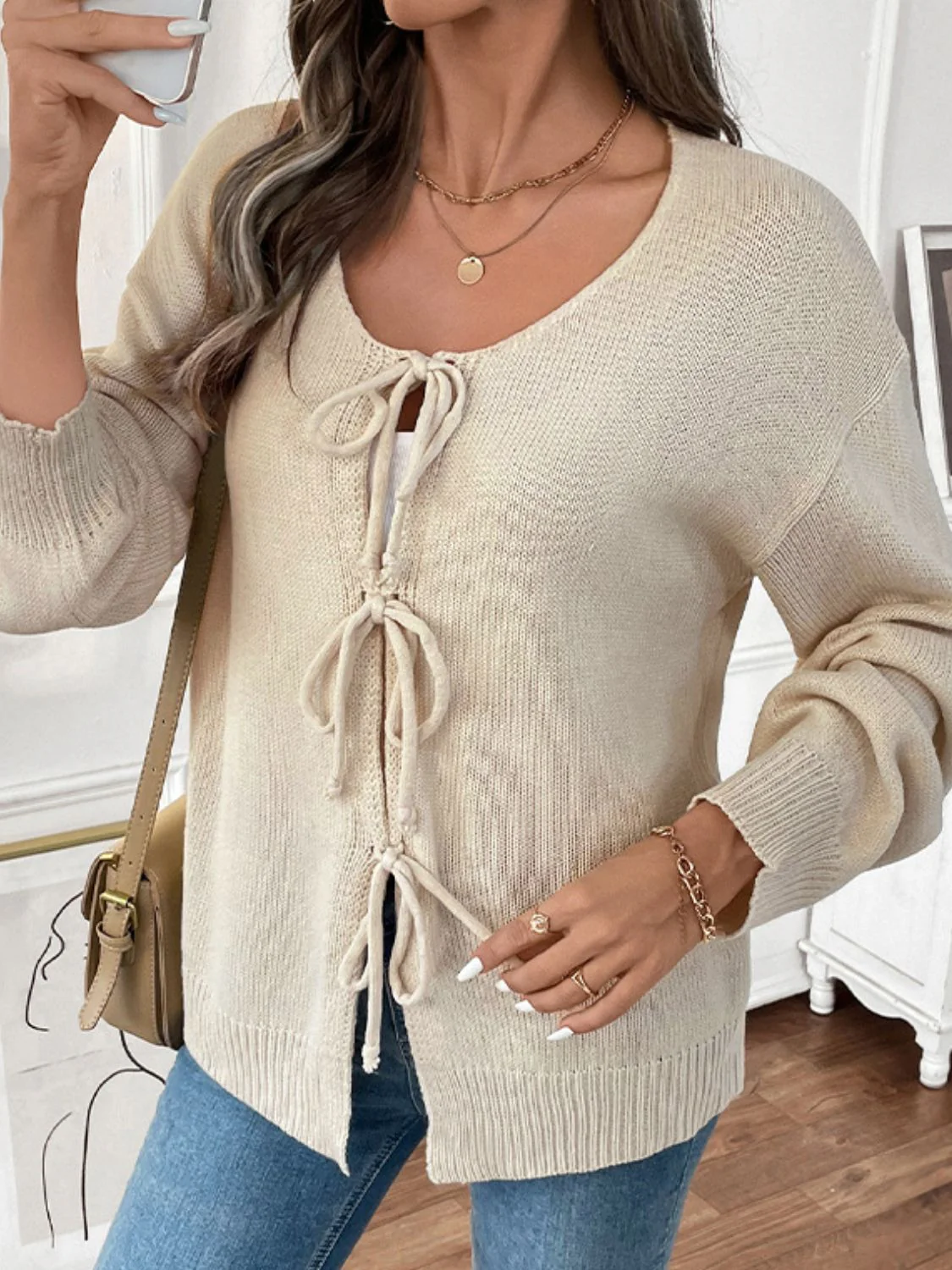Perfee Tied Round Neck Long Sleeve Cardigan - Image 2