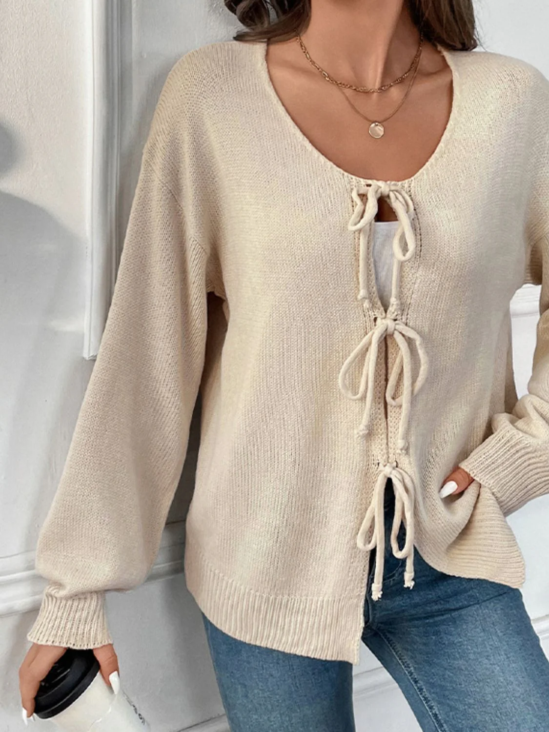 Perfee Tied Round Neck Long Sleeve Cardigan - Image 3