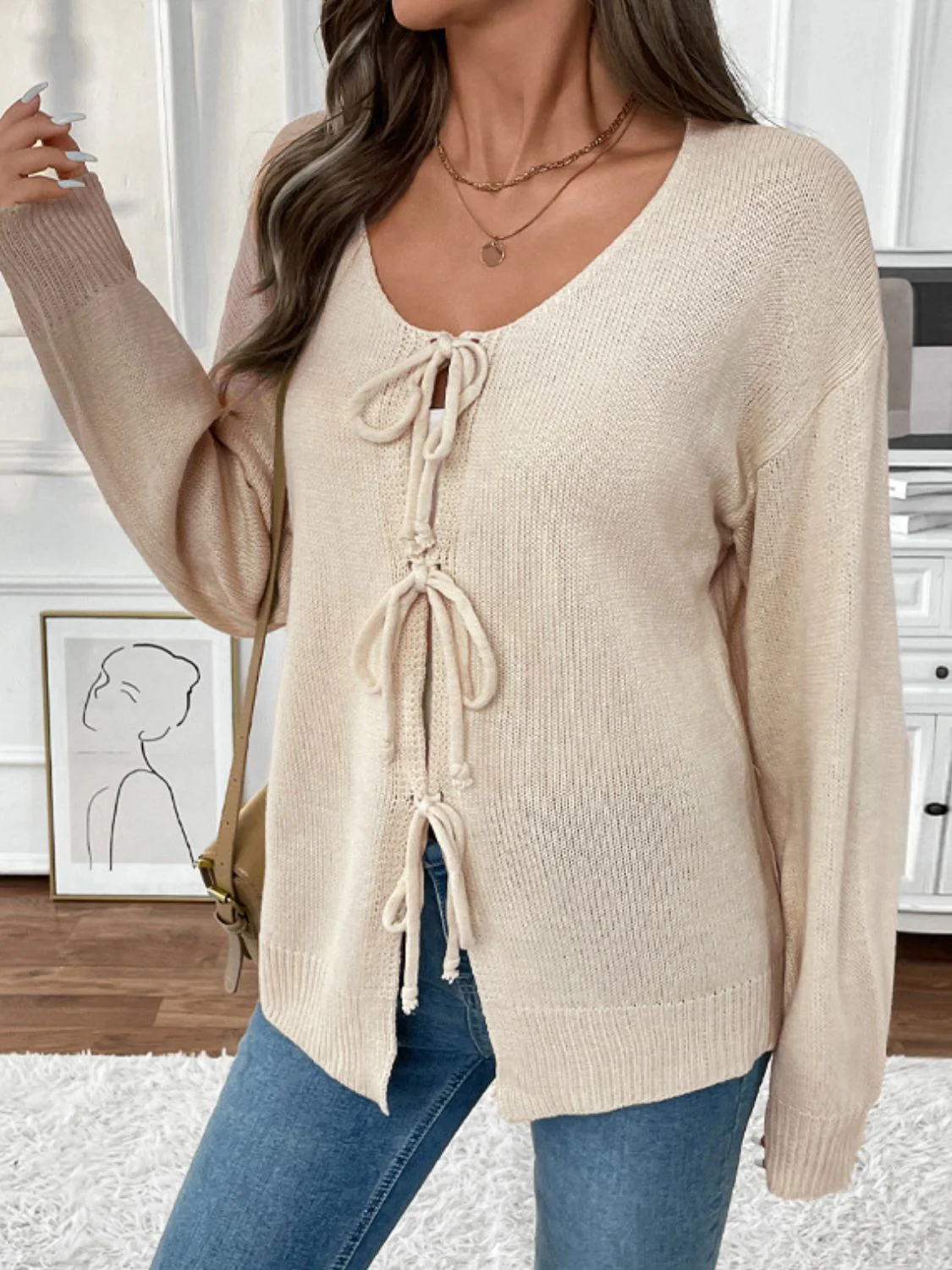Perfee Tied Round Neck Long Sleeve Cardigan - Image 4