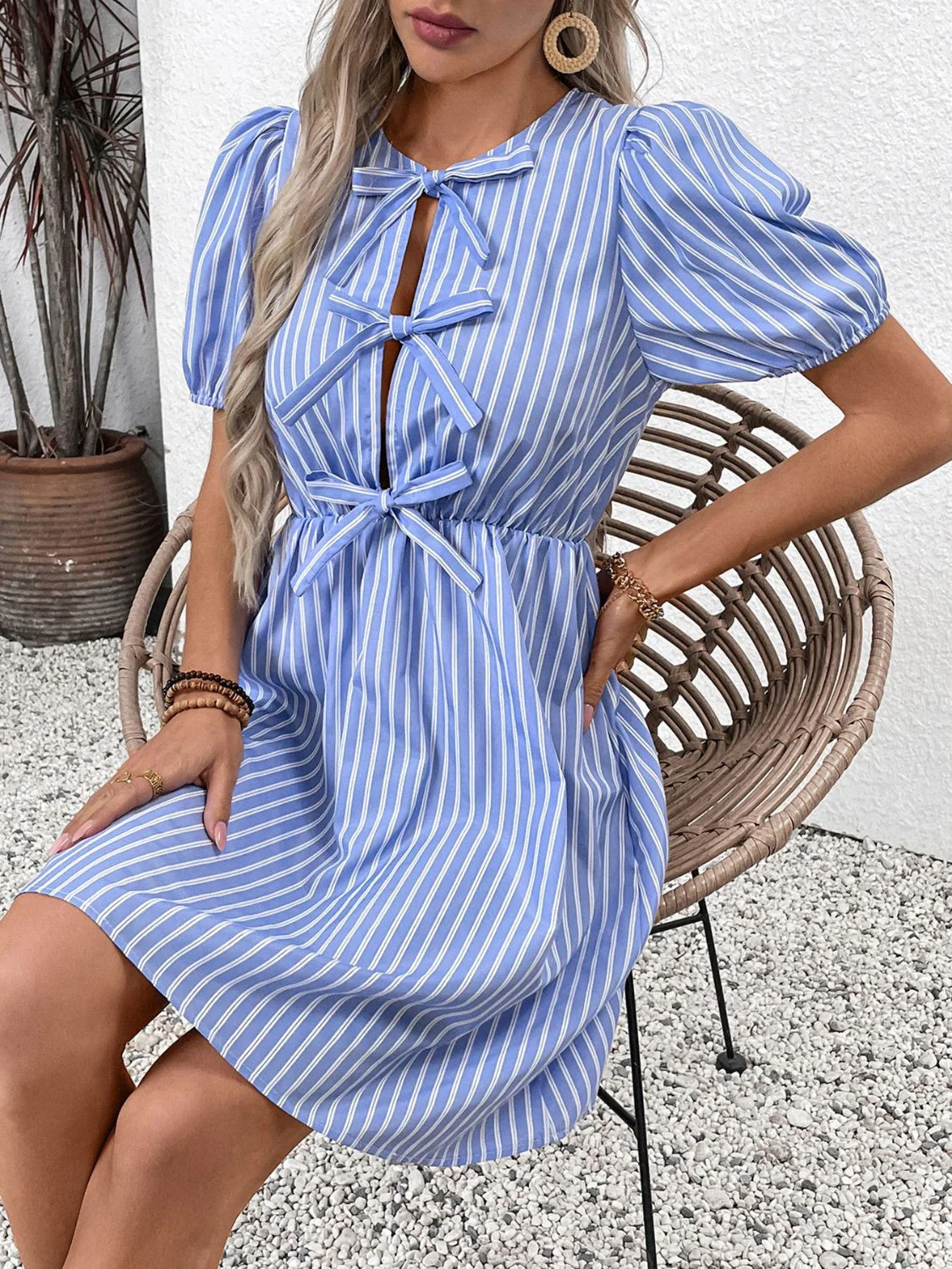 Perfee Tied Striped Short Sleeve Mini Dress - Image 2