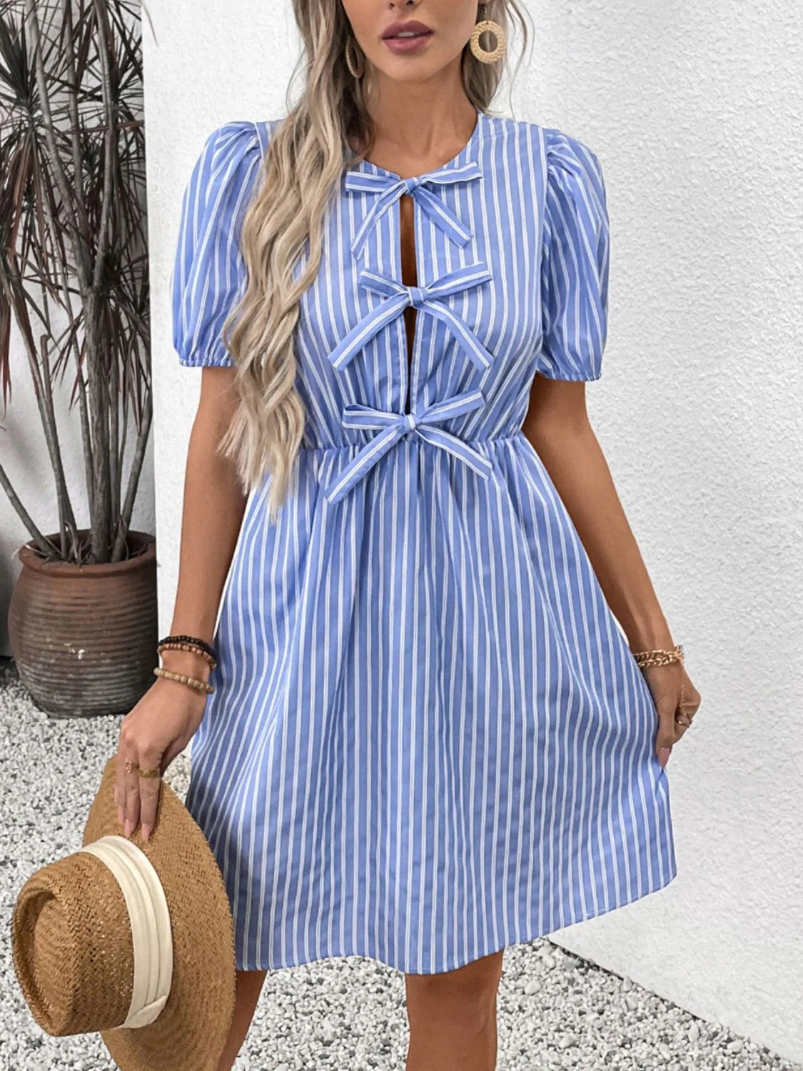 Perfee Tied Striped Short Sleeve Mini Dress - Image 3