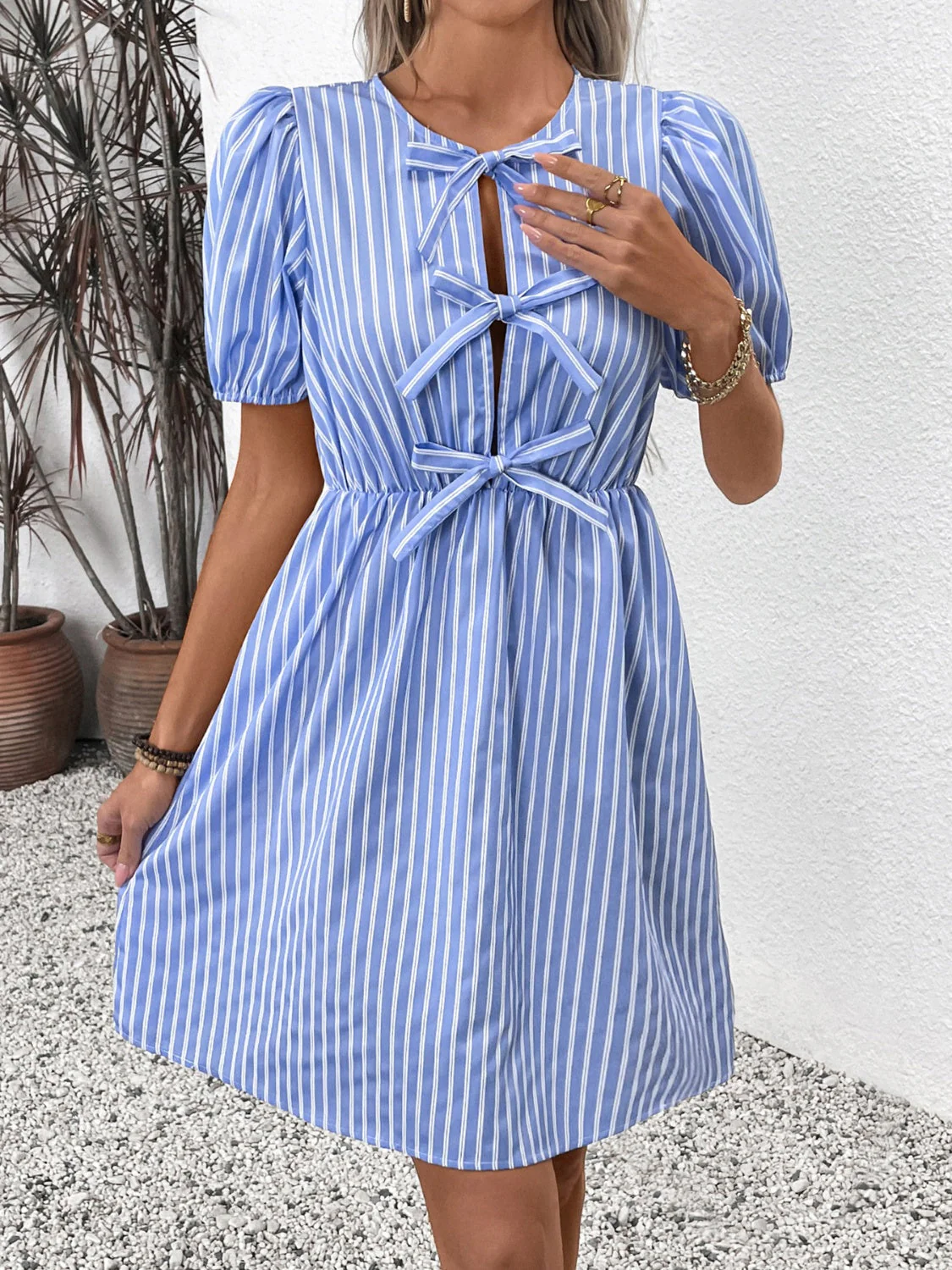 Perfee Tied Striped Short Sleeve Mini Dress - Image 5