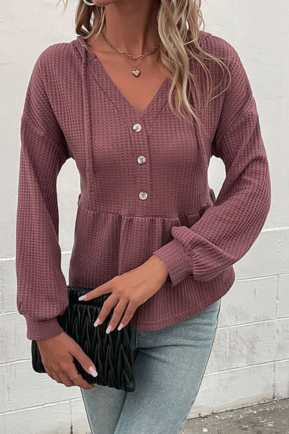 Perfee Waffle-Knit Buttoned Drop Shoulder Hoodie - Image 3
