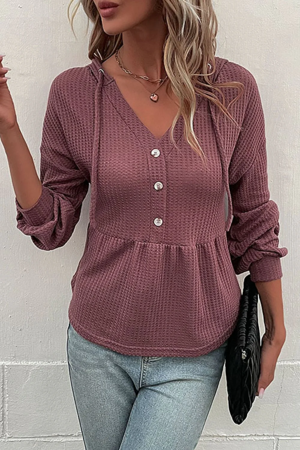 Perfee Waffle-Knit Buttoned Drop Shoulder Hoodie - Image 4