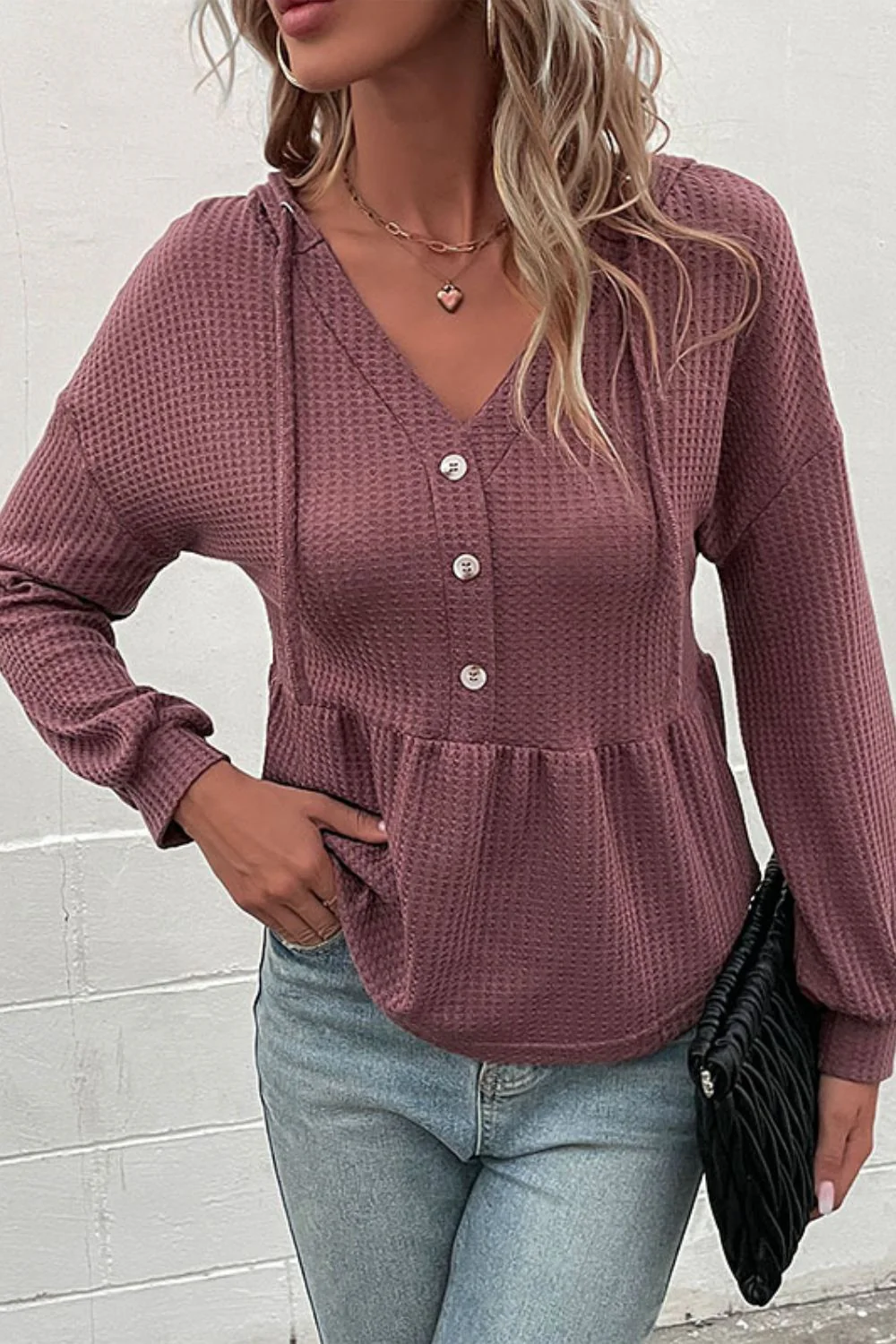 Perfee Waffle-Knit Buttoned Drop Shoulder Hoodie - Image 5