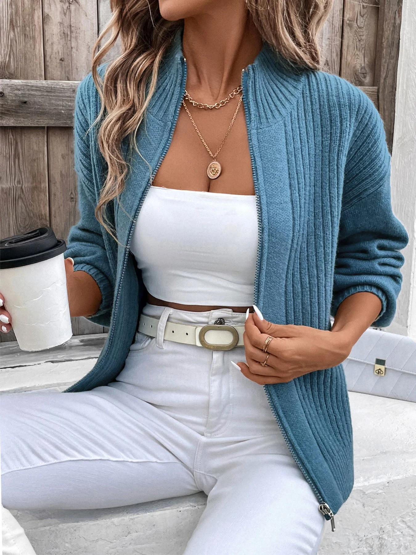 Perfee Zip Up Long Sleeve Cardigan - Image 3