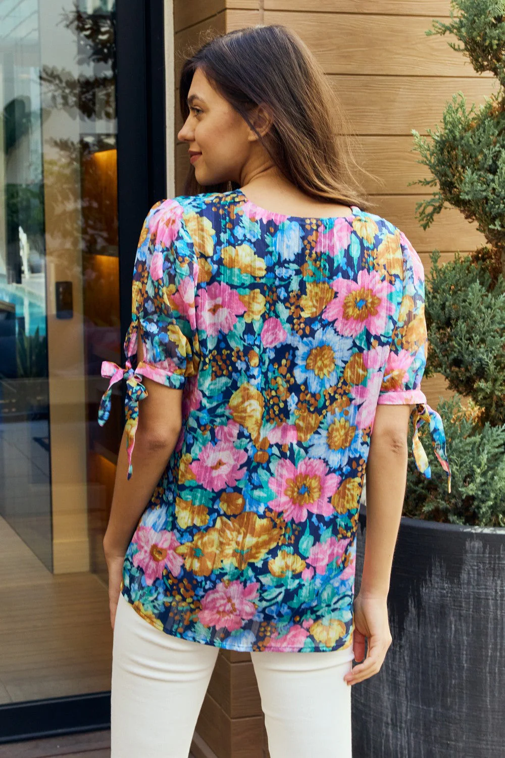 Petal Dew Full Size Floral V-Neck Tie Detail Blouse - Image 3
