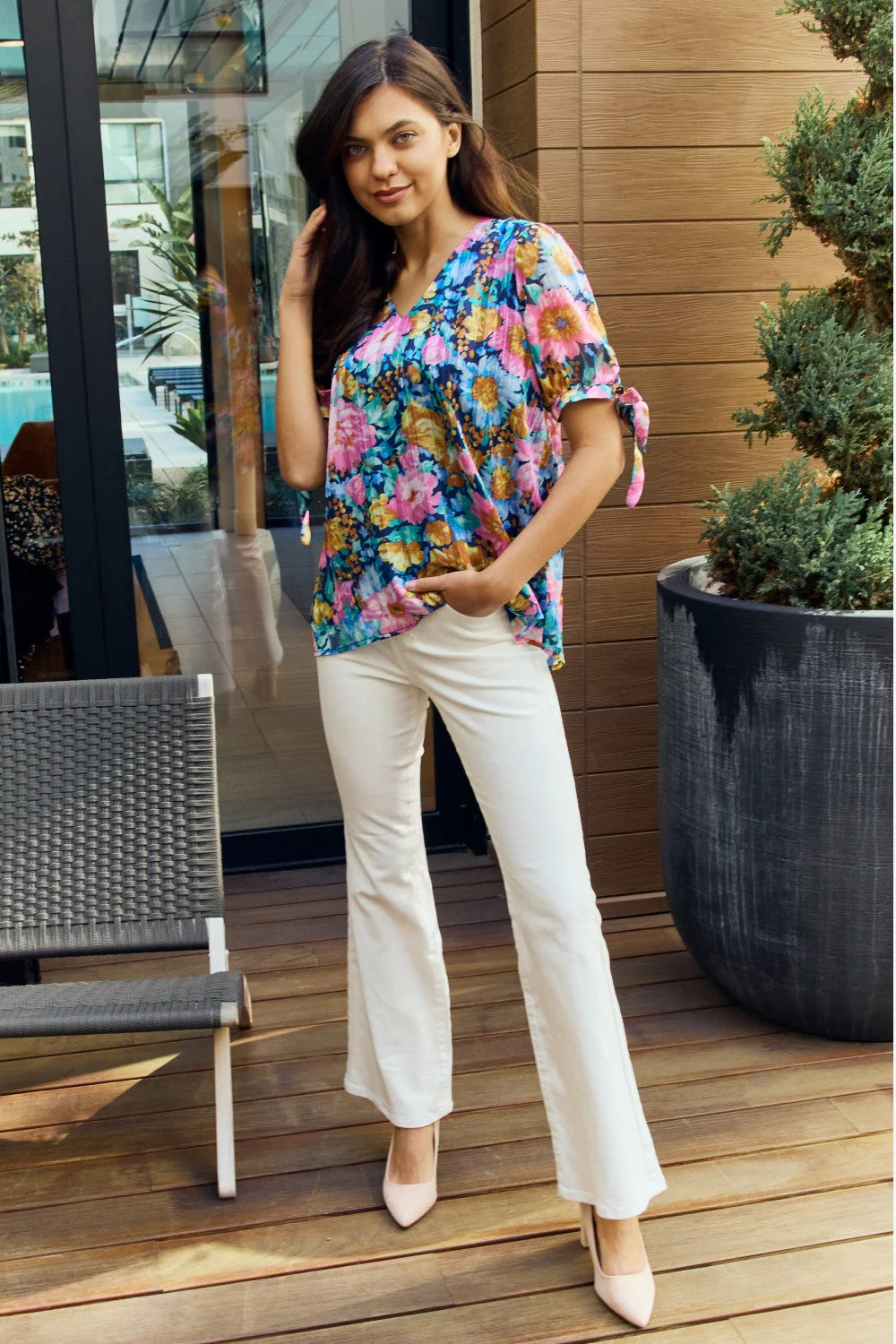 Petal Dew Full Size Floral V-Neck Tie Detail Blouse - Image 4
