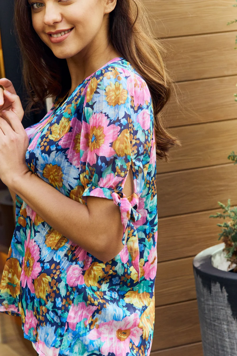 Petal Dew Full Size Floral V-Neck Tie Detail Blouse - Image 5