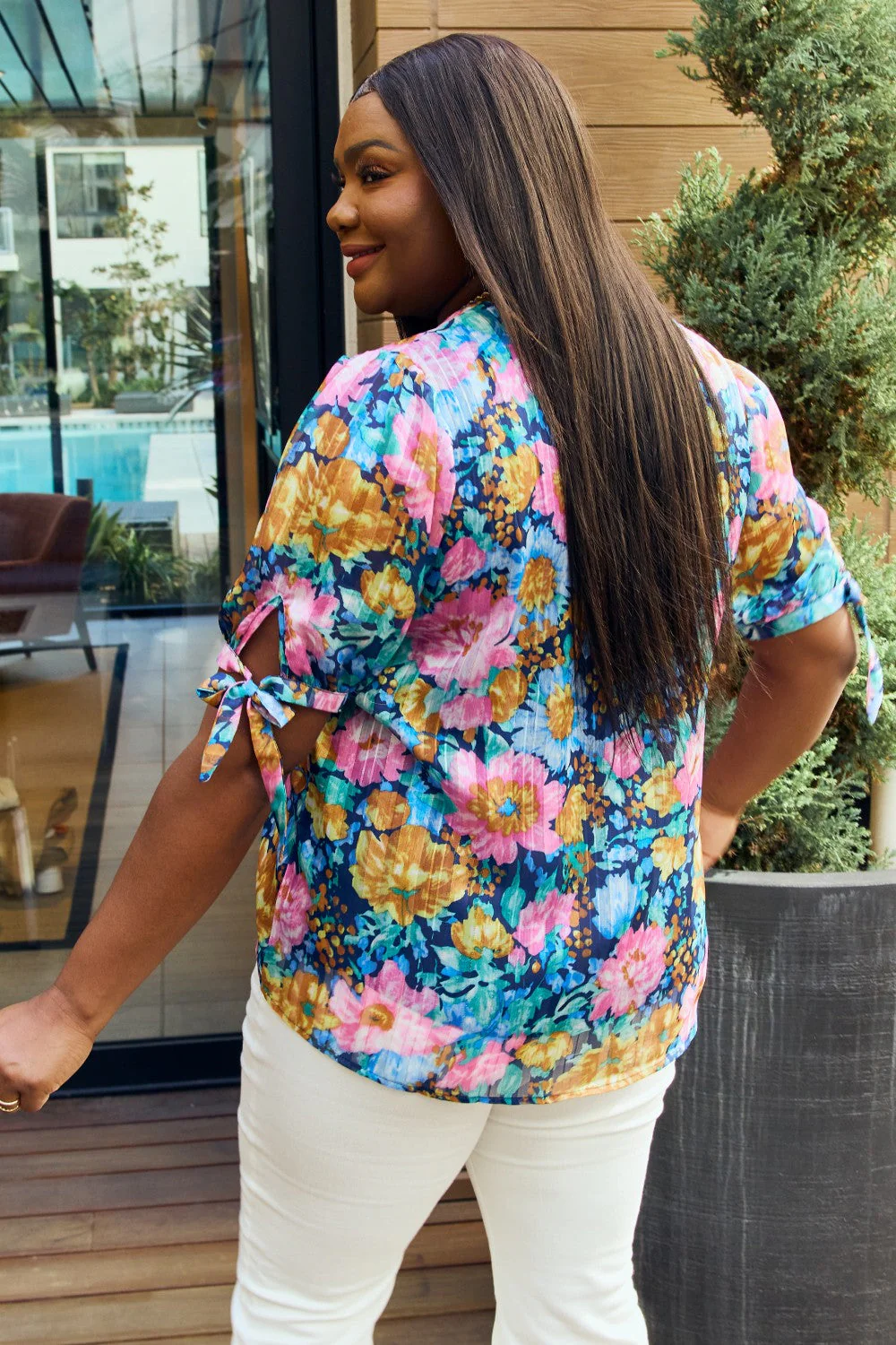 Petal Dew Full Size Floral V-Neck Tie Detail Blouse - Image 8