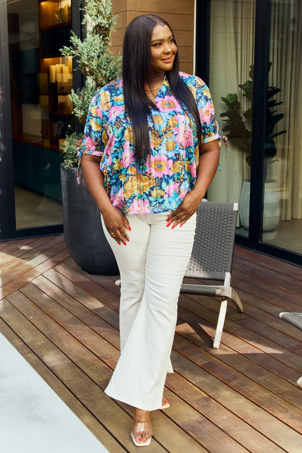 Petal Dew Full Size Floral V-Neck Tie Detail Blouse - Image 9