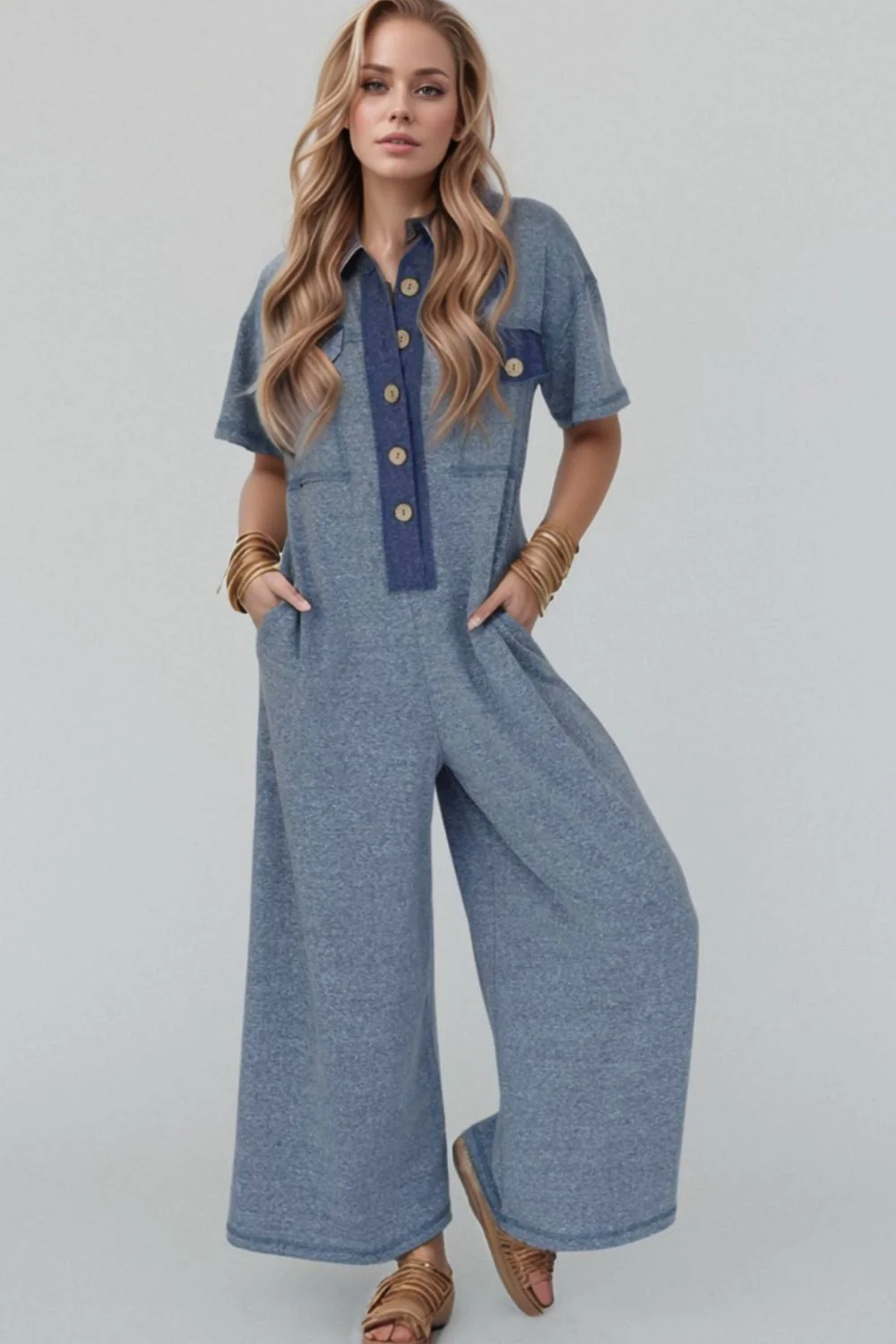 Placket Chest Pockets Short Sleeve Wide Leg Jumpsuit - Image 2