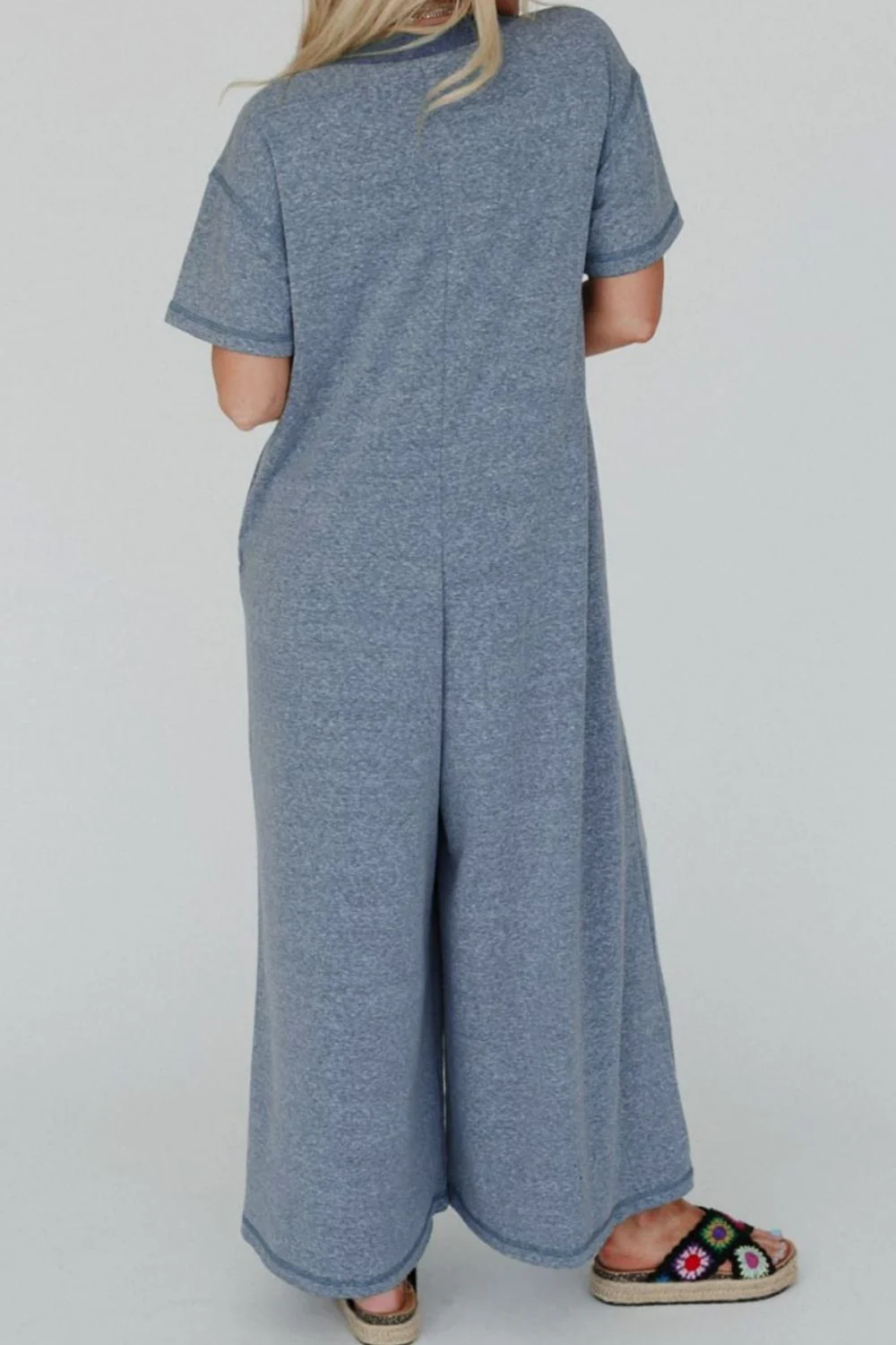 Placket Chest Pockets Short Sleeve Wide Leg Jumpsuit - Image 3