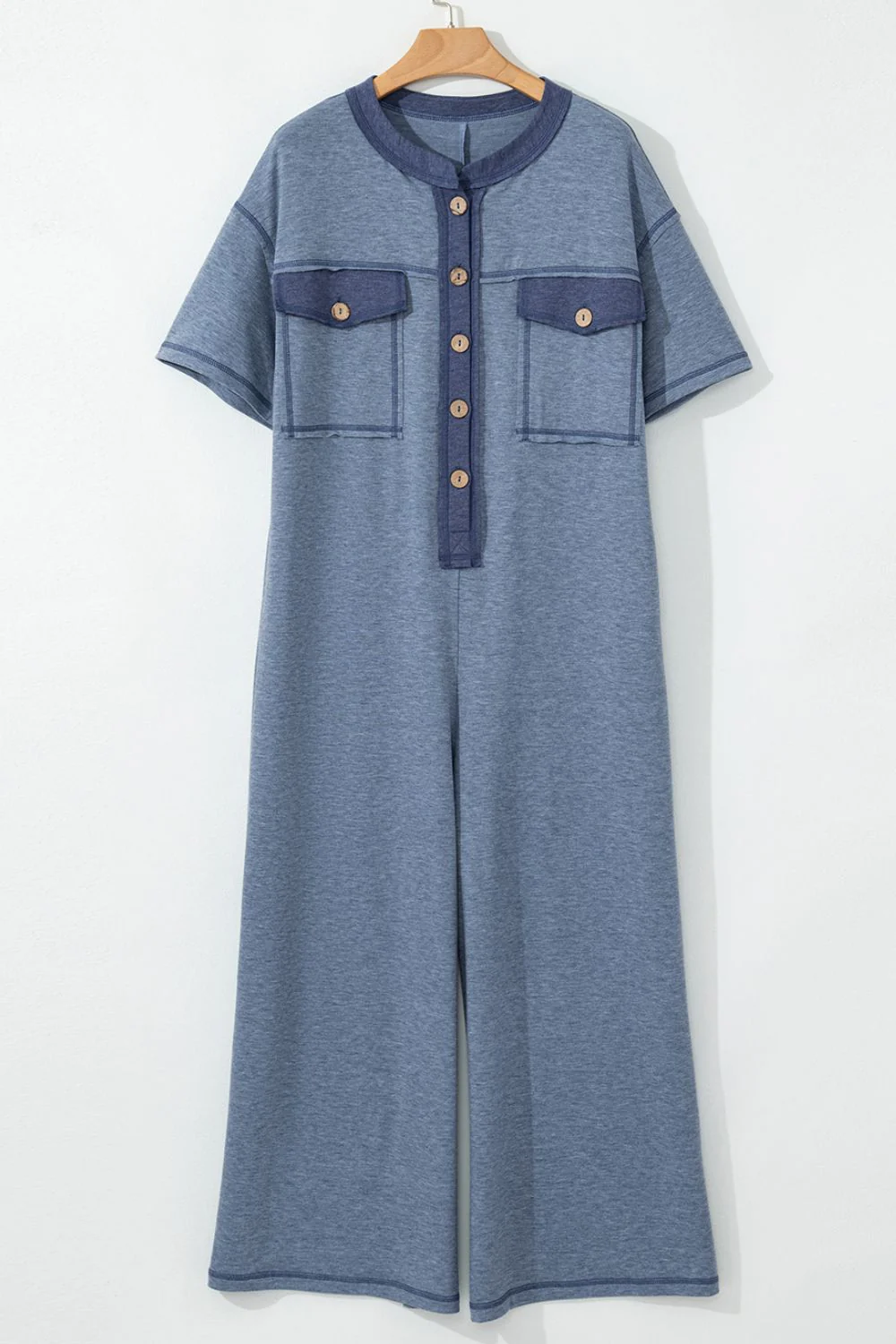 Placket Chest Pockets Short Sleeve Wide Leg Jumpsuit - Image 5
