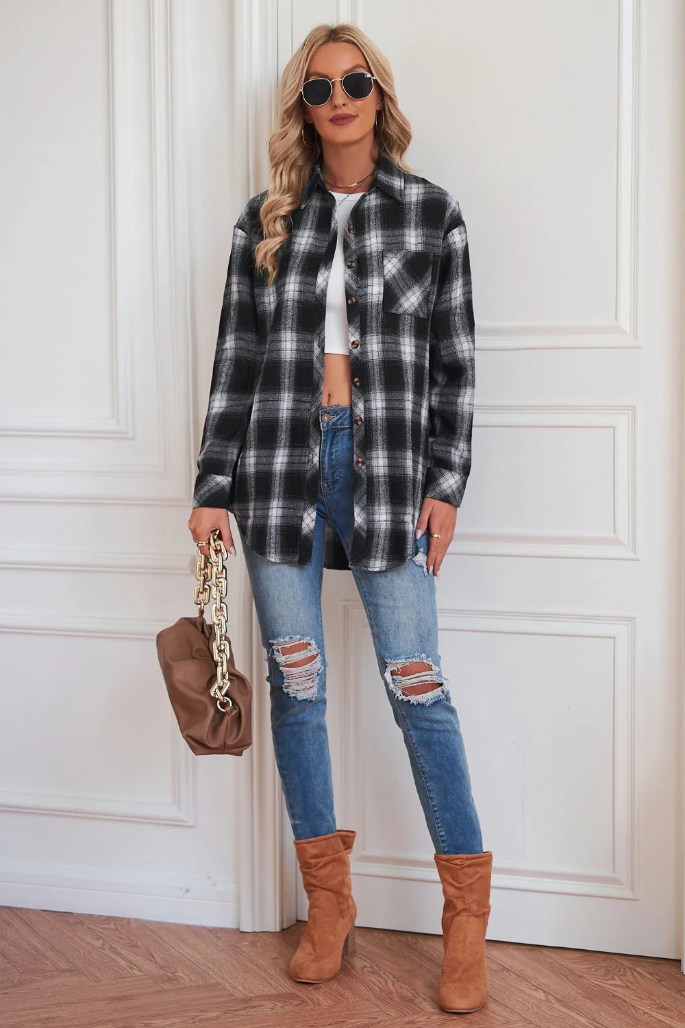 Plaid Button Up Dropped Shoulder Outerwear - Image 10