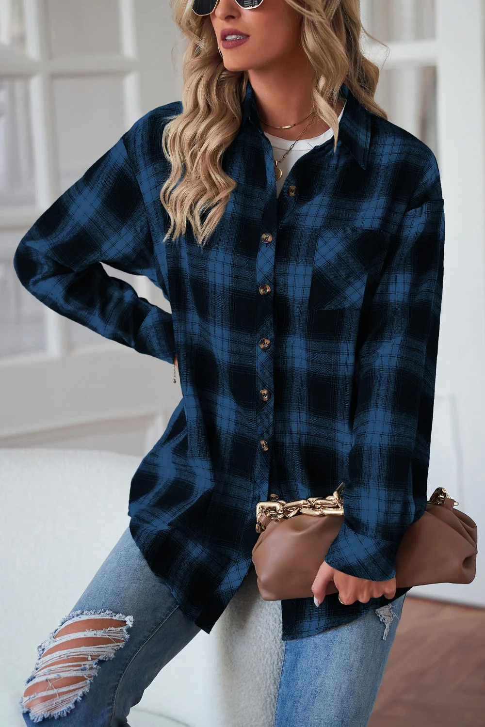 Plaid Button Up Dropped Shoulder Outerwear - Image 12