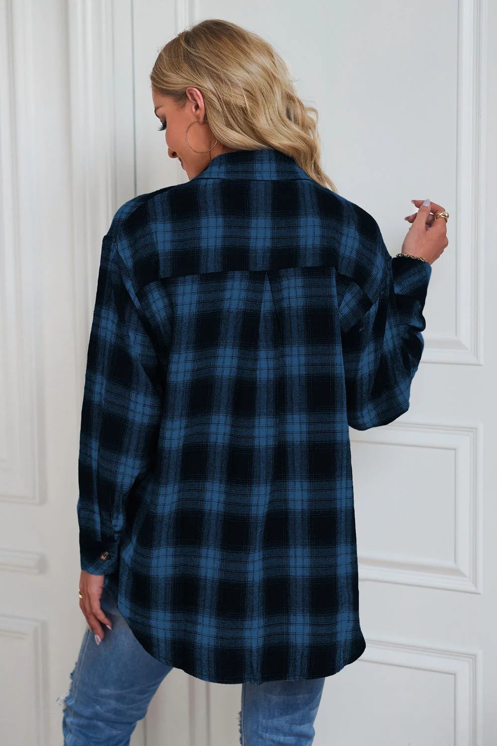 Plaid Button Up Dropped Shoulder Outerwear - Image 13