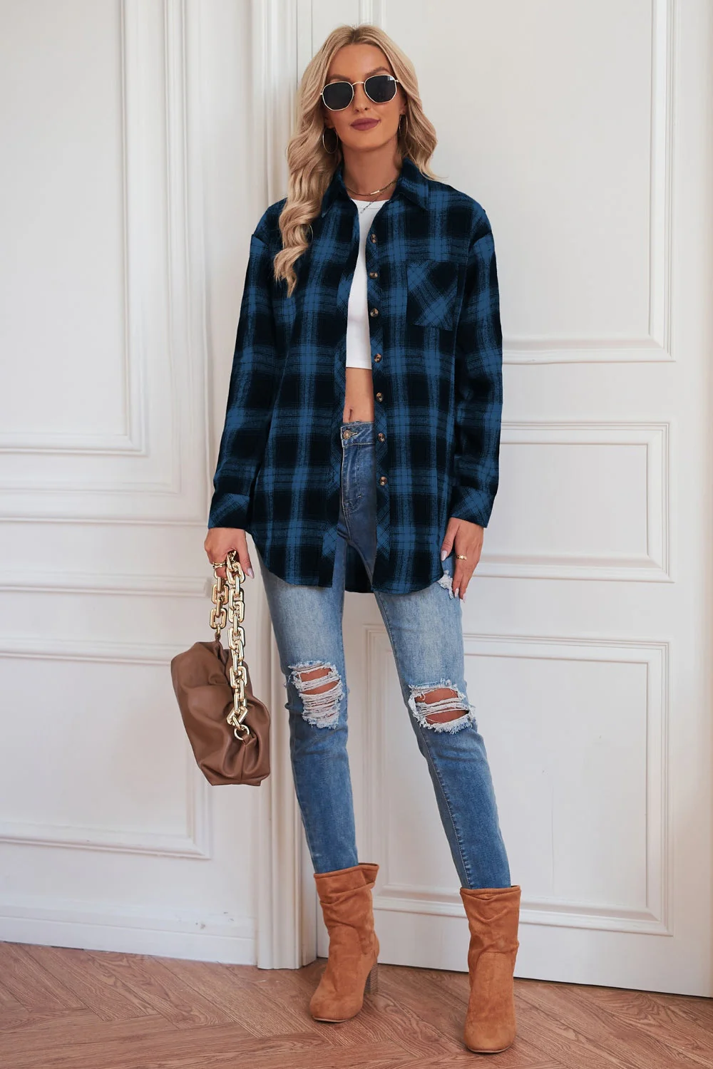 Plaid Button Up Dropped Shoulder Outerwear - Image 14