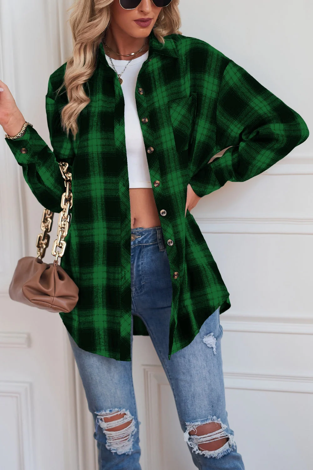 Plaid Button Up Dropped Shoulder Outerwear - Image 15