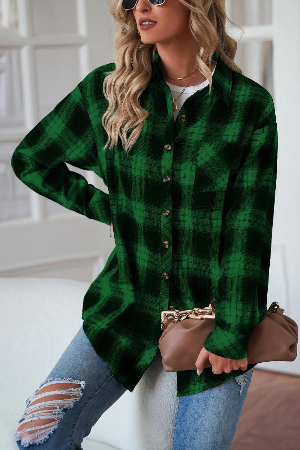 Plaid Button Up Dropped Shoulder Outerwear - Image 16