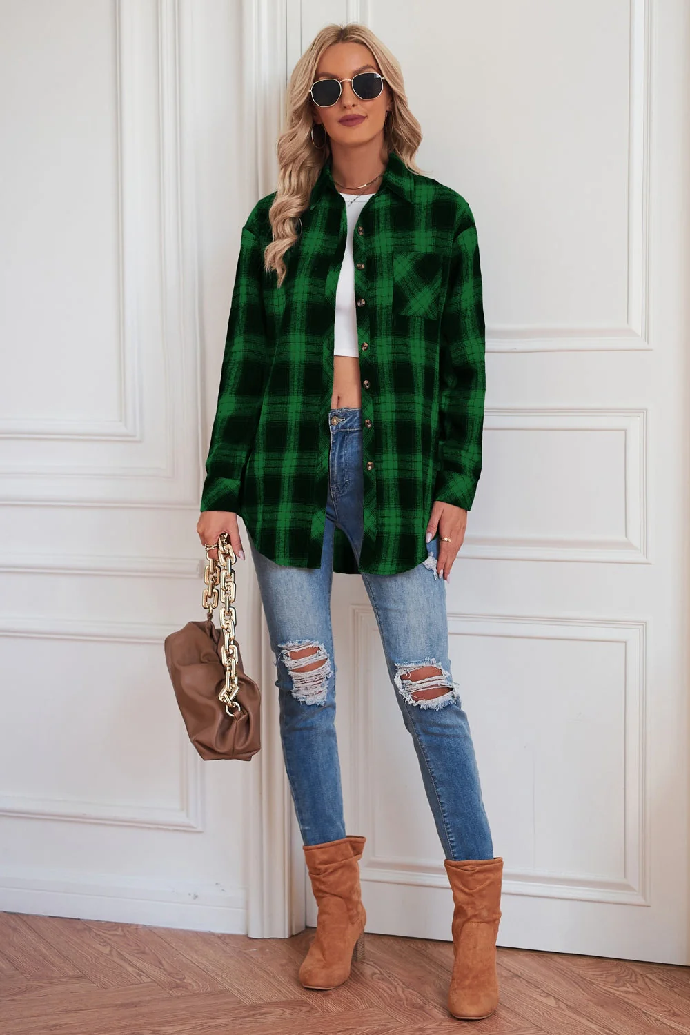 Plaid Button Up Dropped Shoulder Outerwear - Image 18