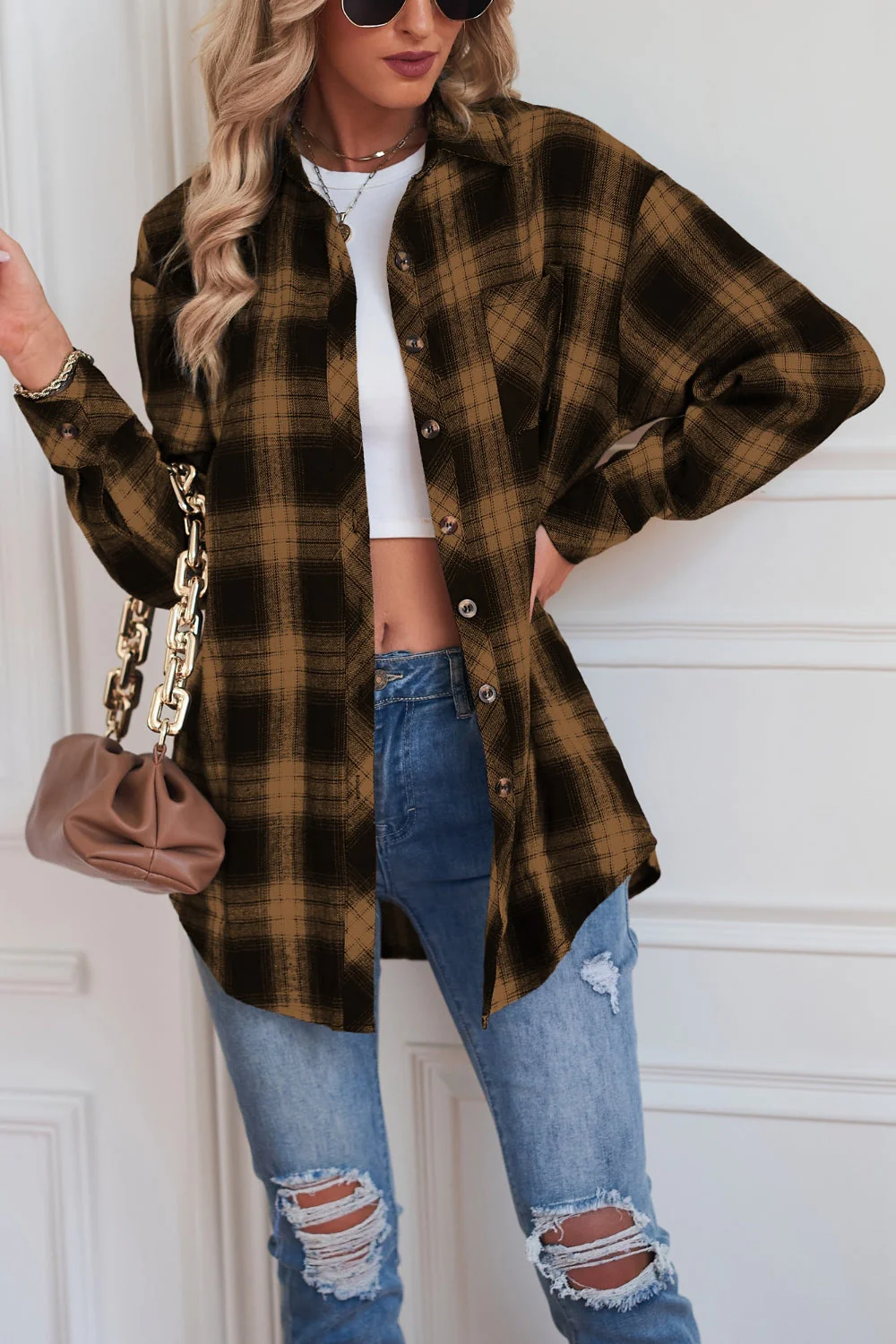 Plaid Button Up Dropped Shoulder Outerwear - Image 19
