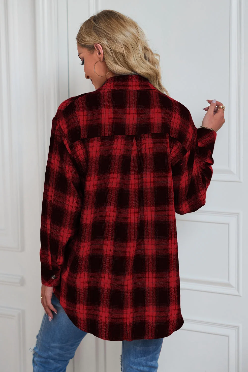 Plaid Button Up Dropped Shoulder Outerwear - Image 2