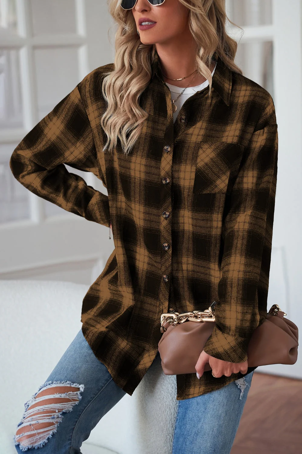 Plaid Button Up Dropped Shoulder Outerwear - Image 20