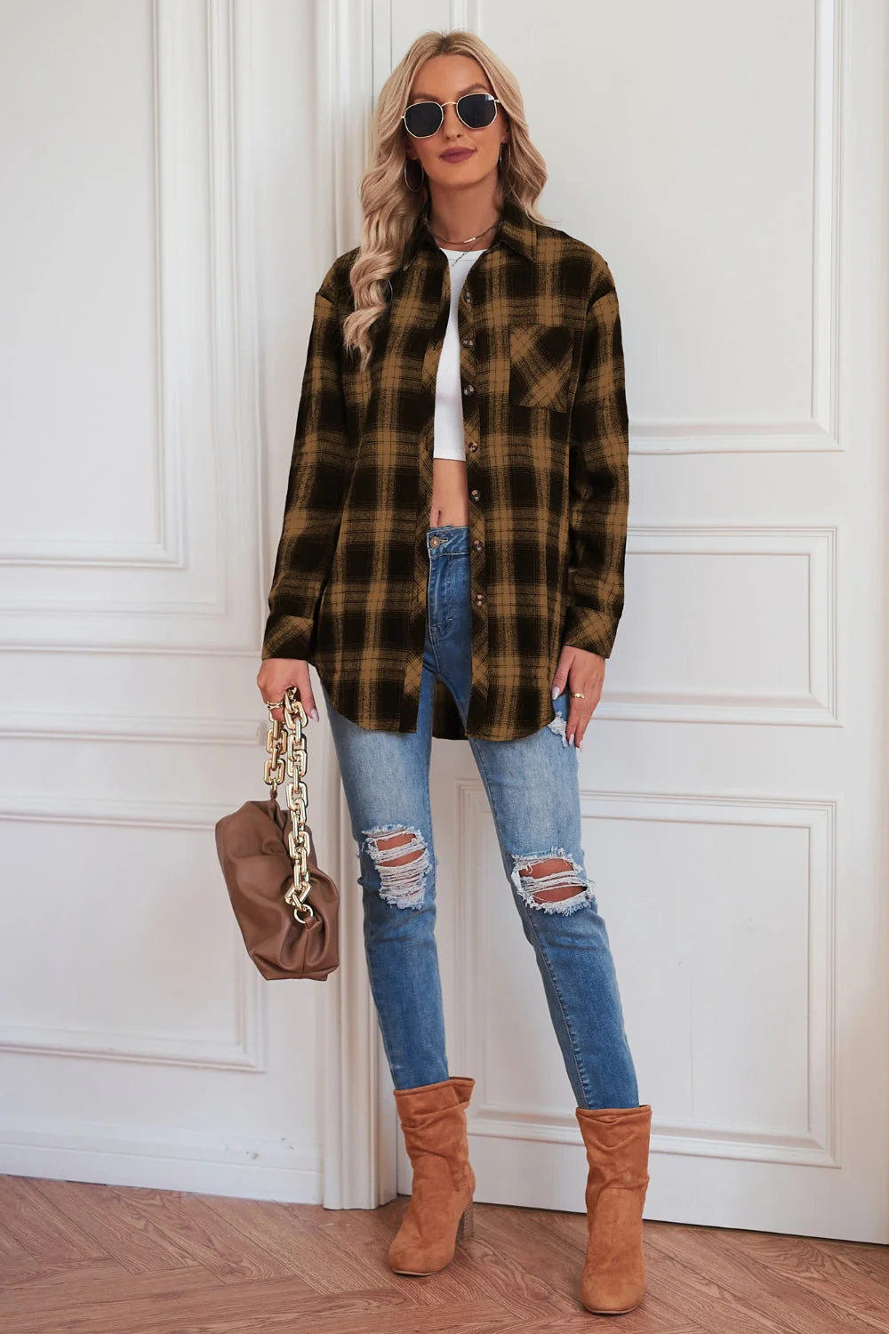 Plaid Button Up Dropped Shoulder Outerwear - Image 22
