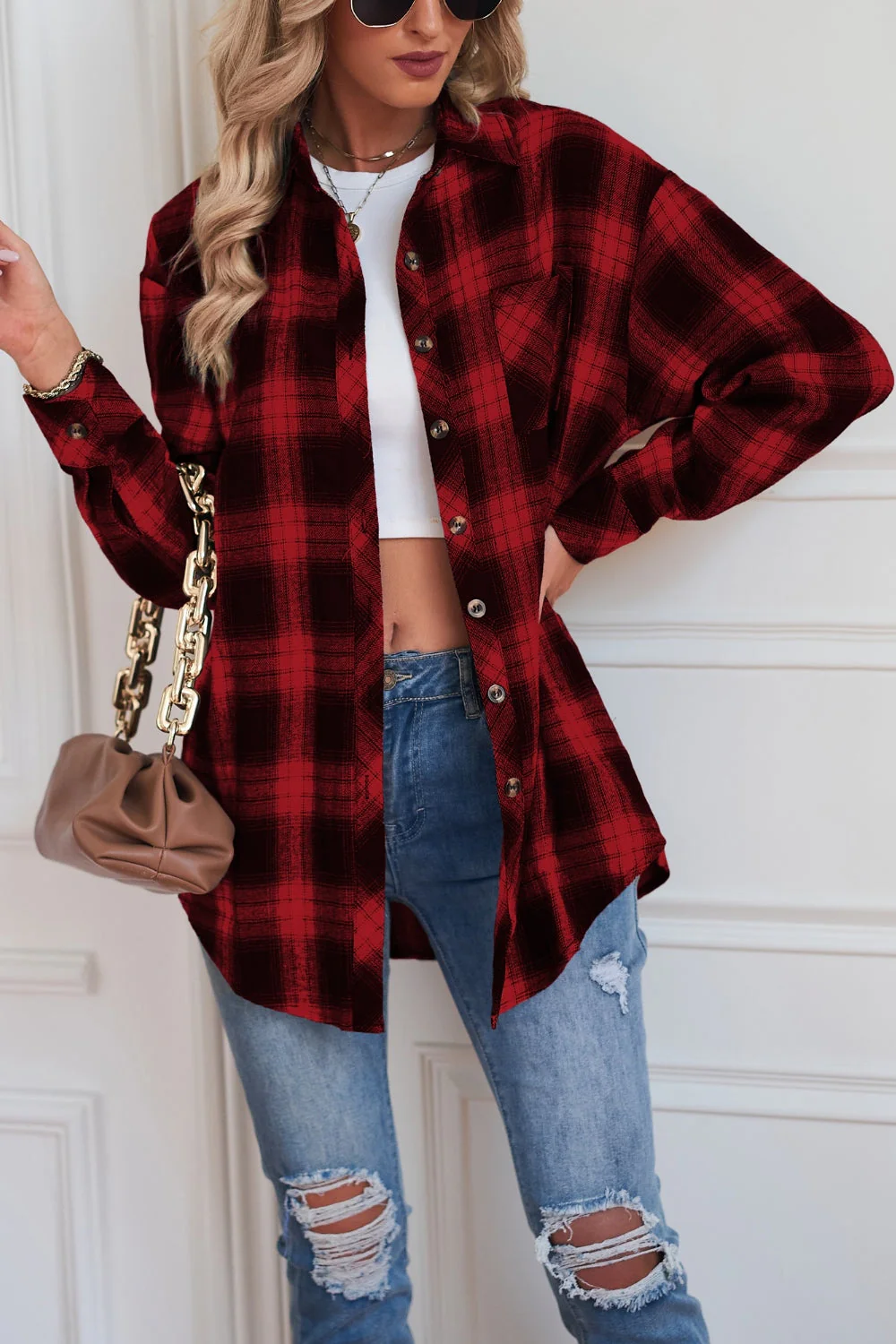 Plaid Button Up Dropped Shoulder Outerwear - Image 3