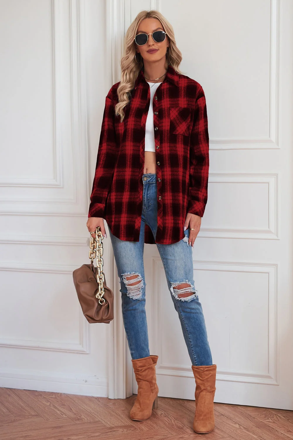 Plaid Button Up Dropped Shoulder Outerwear - Image 4