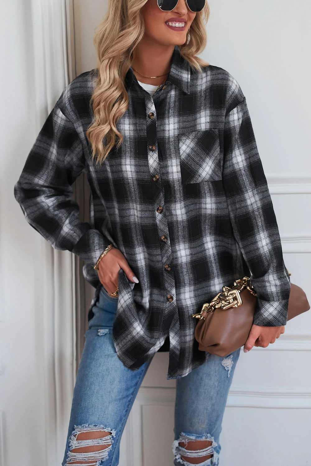 Plaid Button Up Dropped Shoulder Outerwear - Image 5