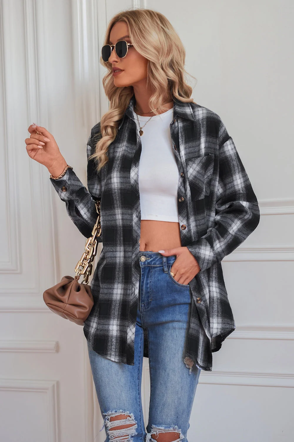 Plaid Button Up Dropped Shoulder Outerwear - Image 7