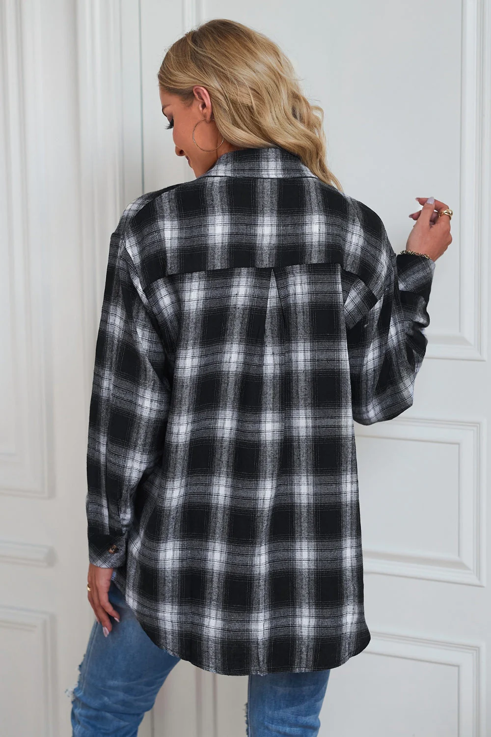 Plaid Button Up Dropped Shoulder Outerwear - Image 9