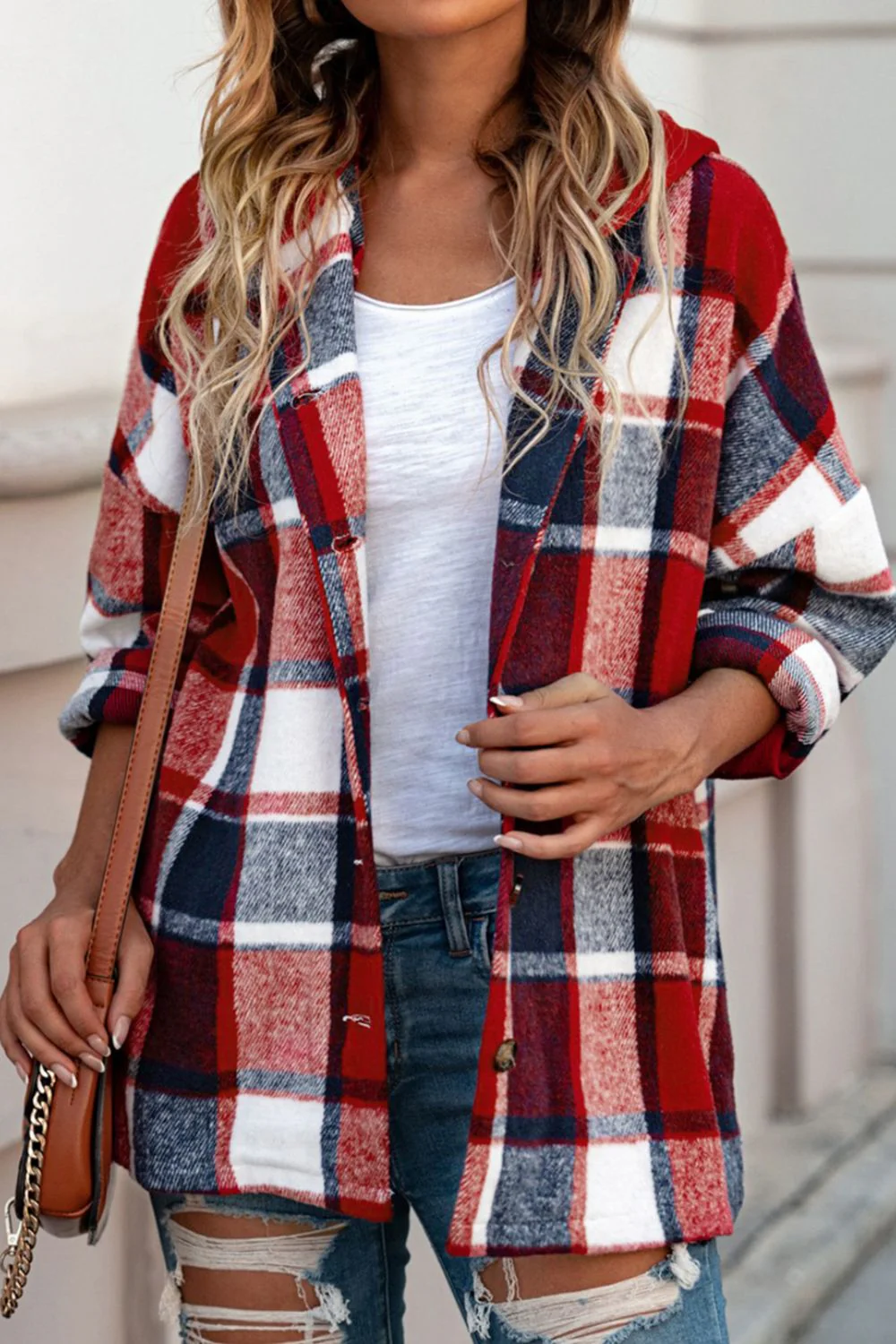 Plaid Button Up Hooded Shacket - Image 2