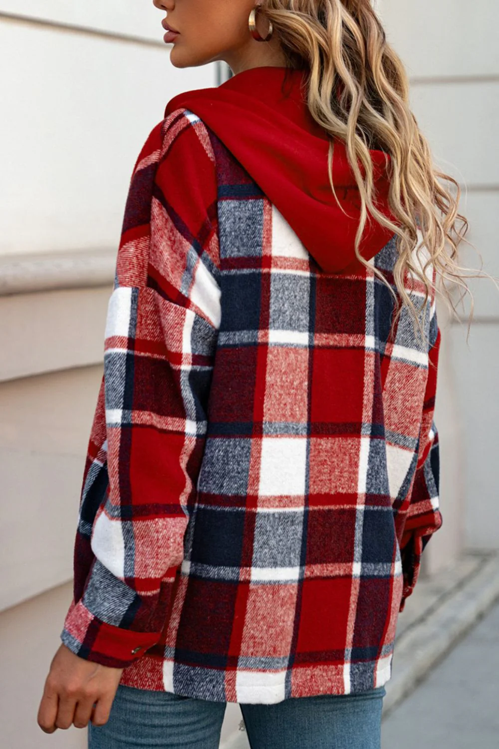 Plaid Button Up Hooded Shacket - Image 3