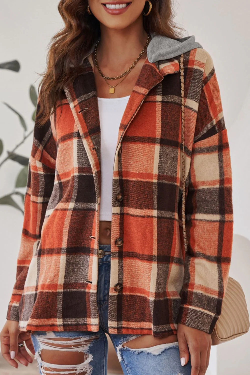 Plaid Button Up Hooded Shacket - Image 5