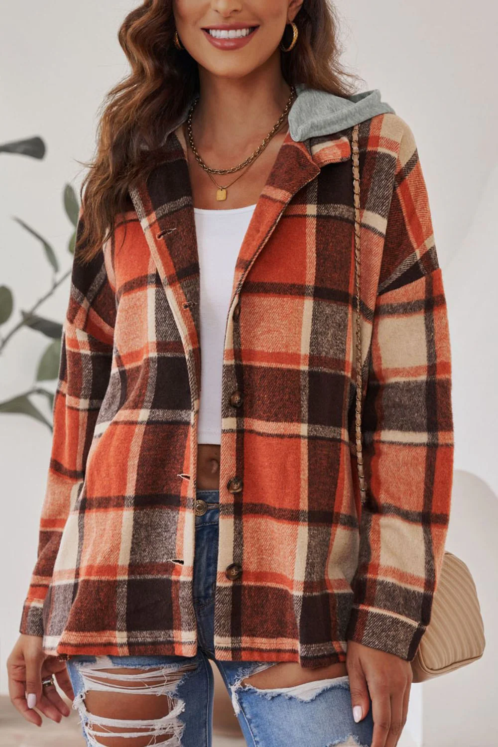 Plaid Button Up Hooded Shacket - Image 7
