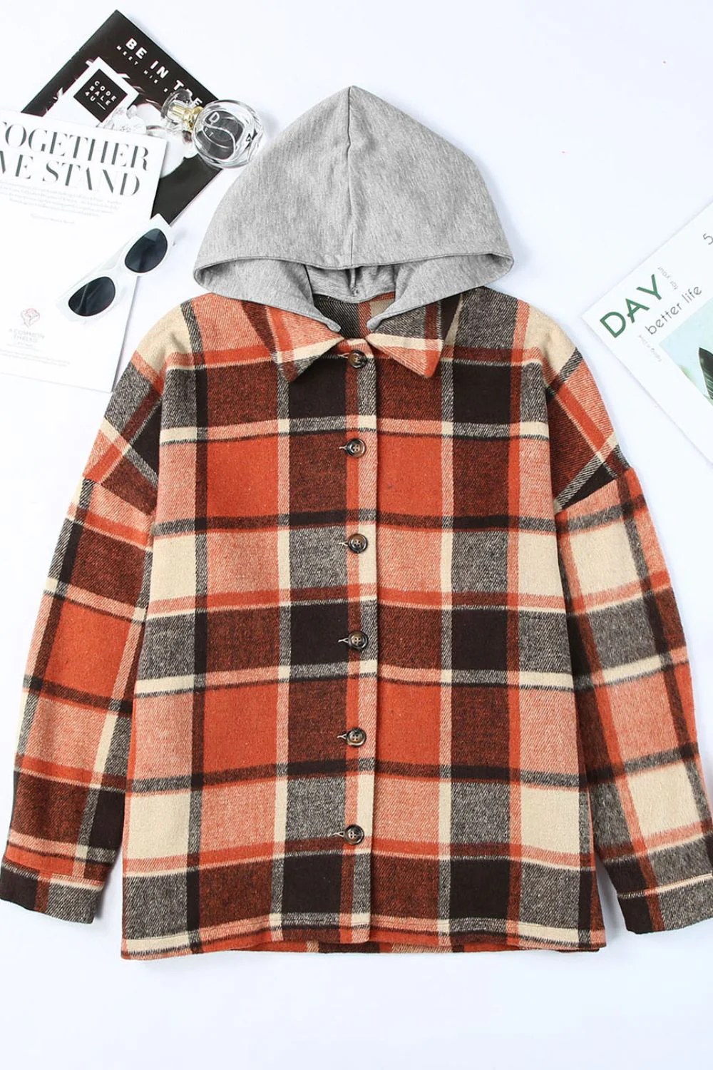 Plaid Button Up Hooded Shacket - Image 9