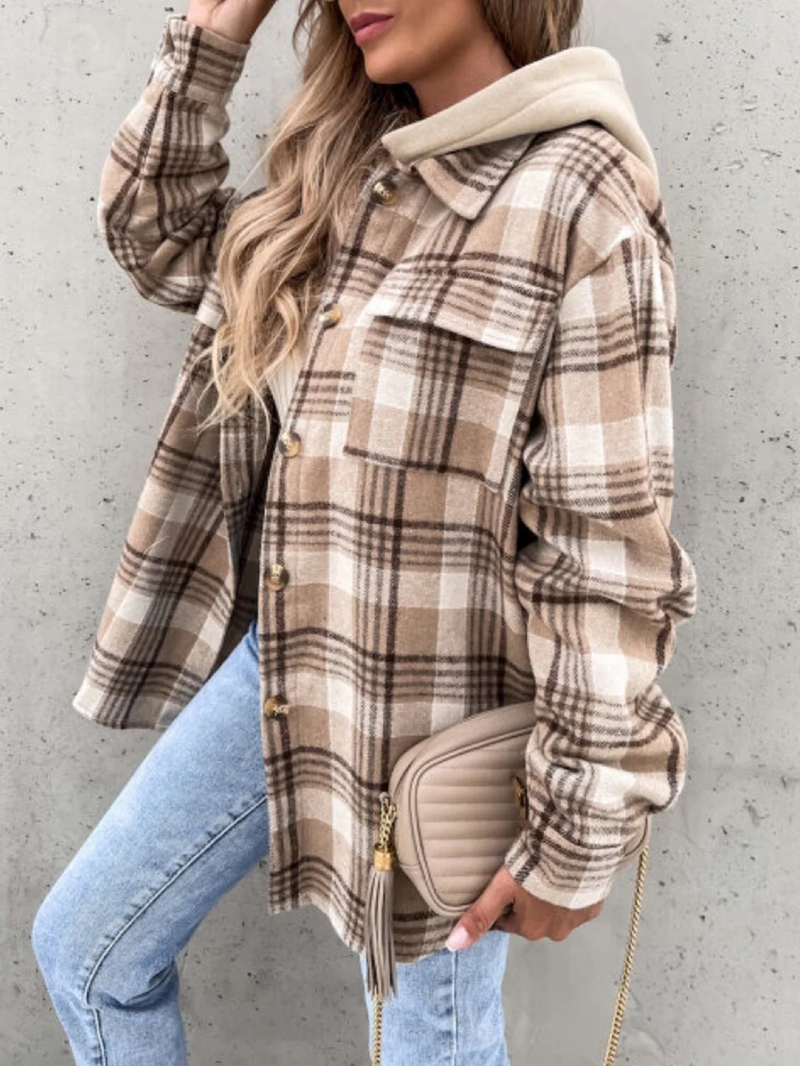 Plaid Button Up Jacket with Removable Hood - Image 2